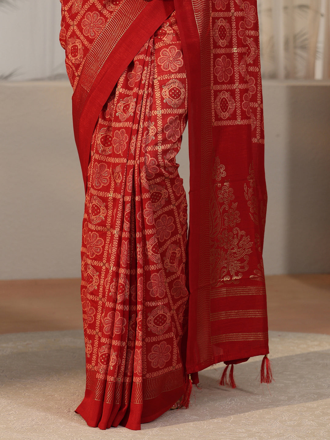  Libas Vermilion Red Gharchola Silk Blend Saree 