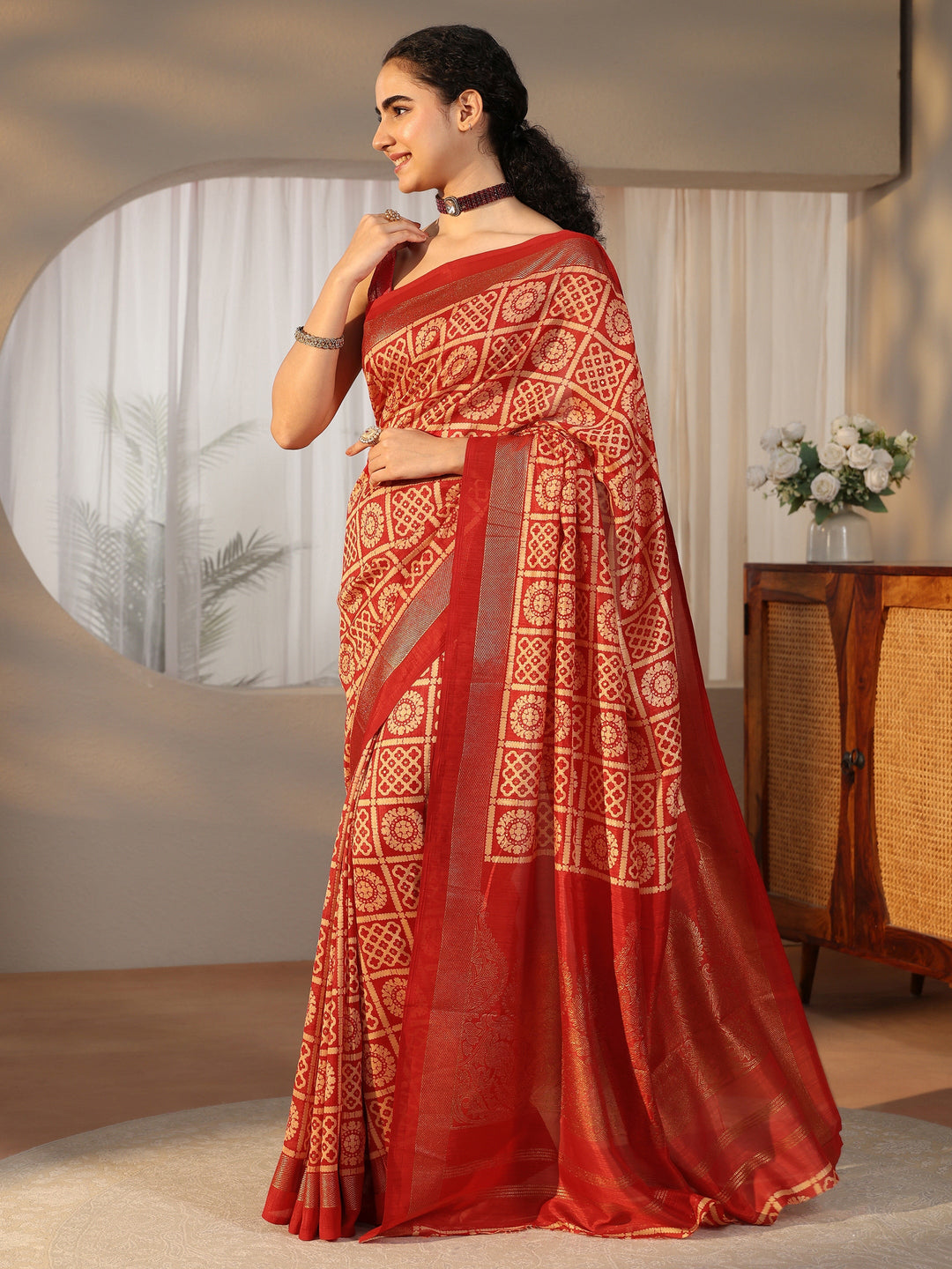  Libas Vermilion Red Printed Silk Blend Saree 