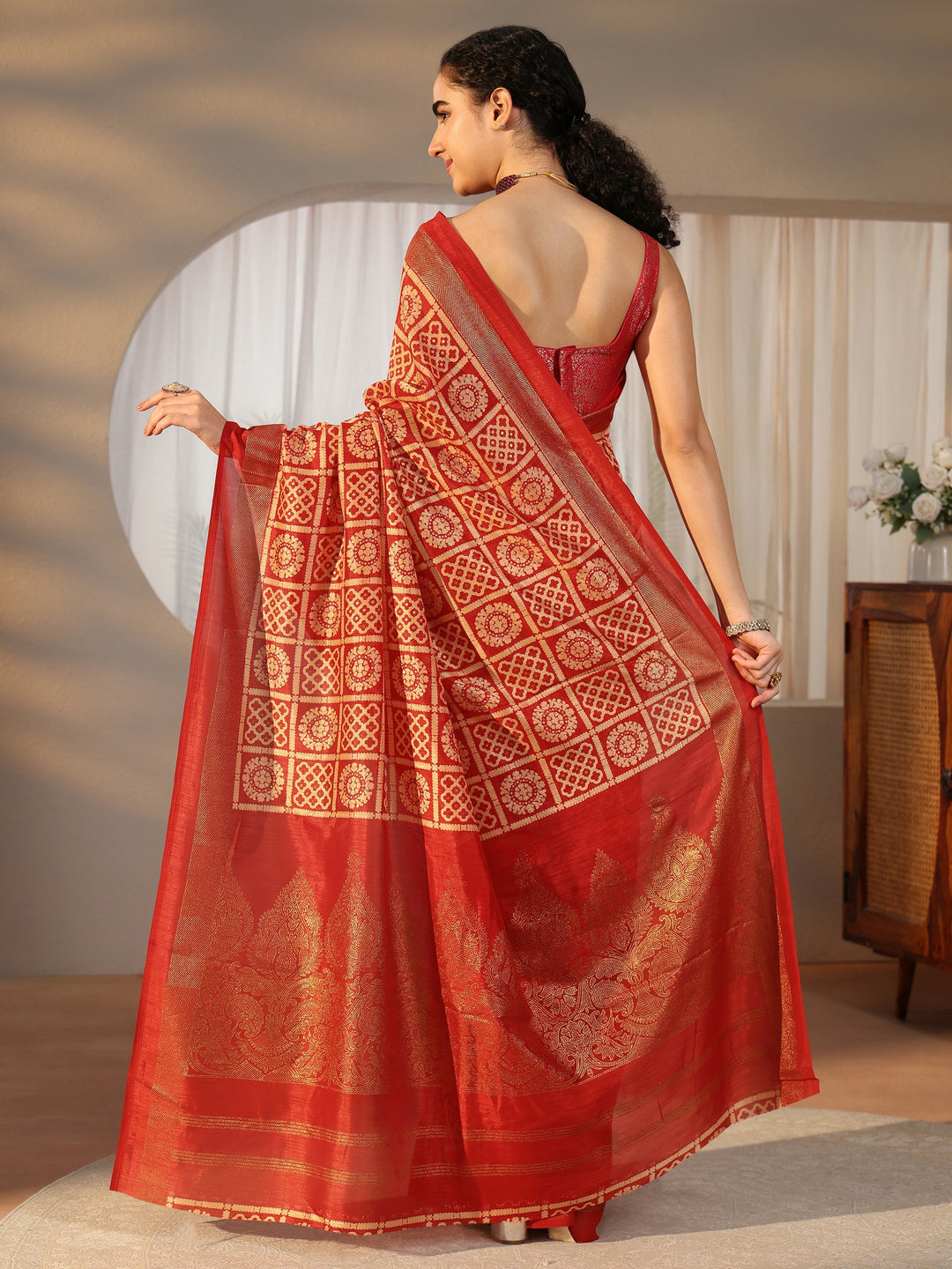  Libas Vermilion Red Printed Silk Blend Saree 