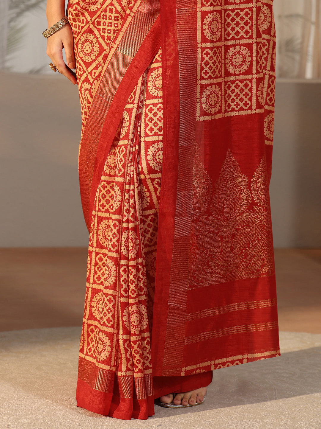  Libas Vermilion Red Printed Silk Blend Saree 