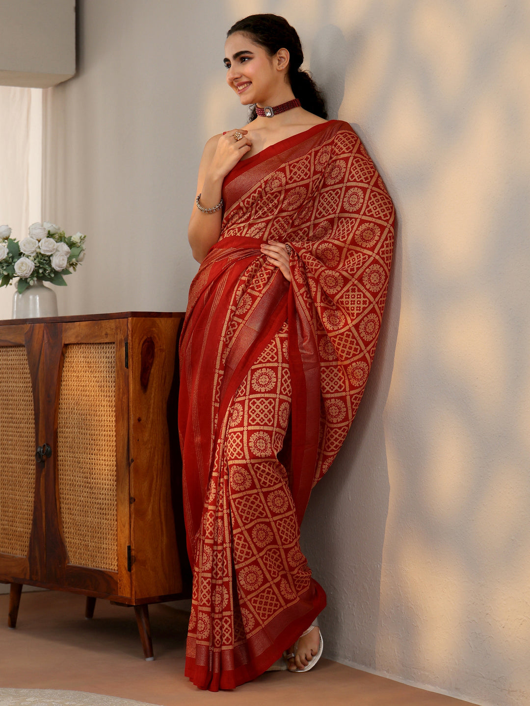  Libas Vermilion Red Printed Silk Blend Saree 