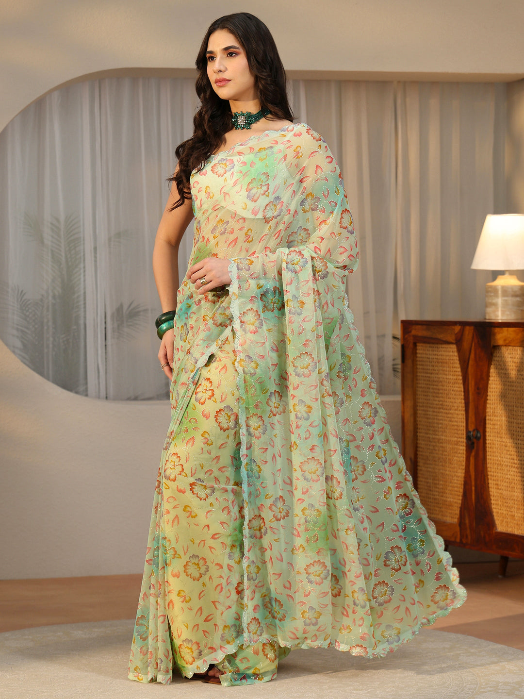  Libas Mint Green Floral Printed Georgette Saree 
