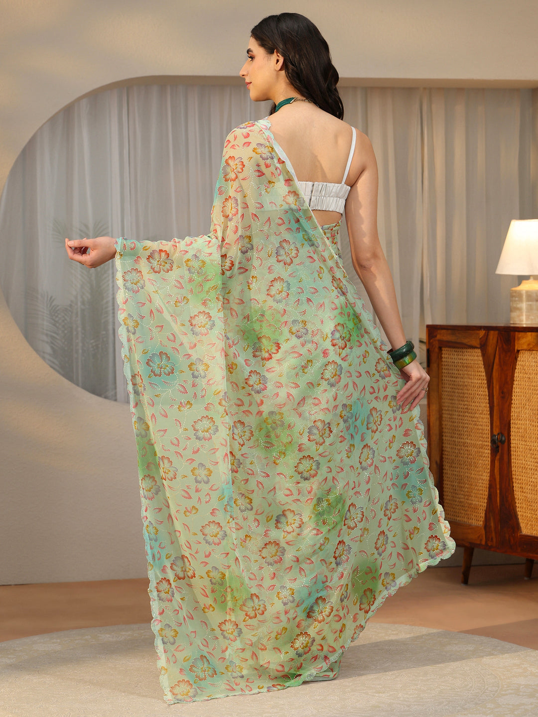 Libas Mint Green Floral Printed Georgette Saree 