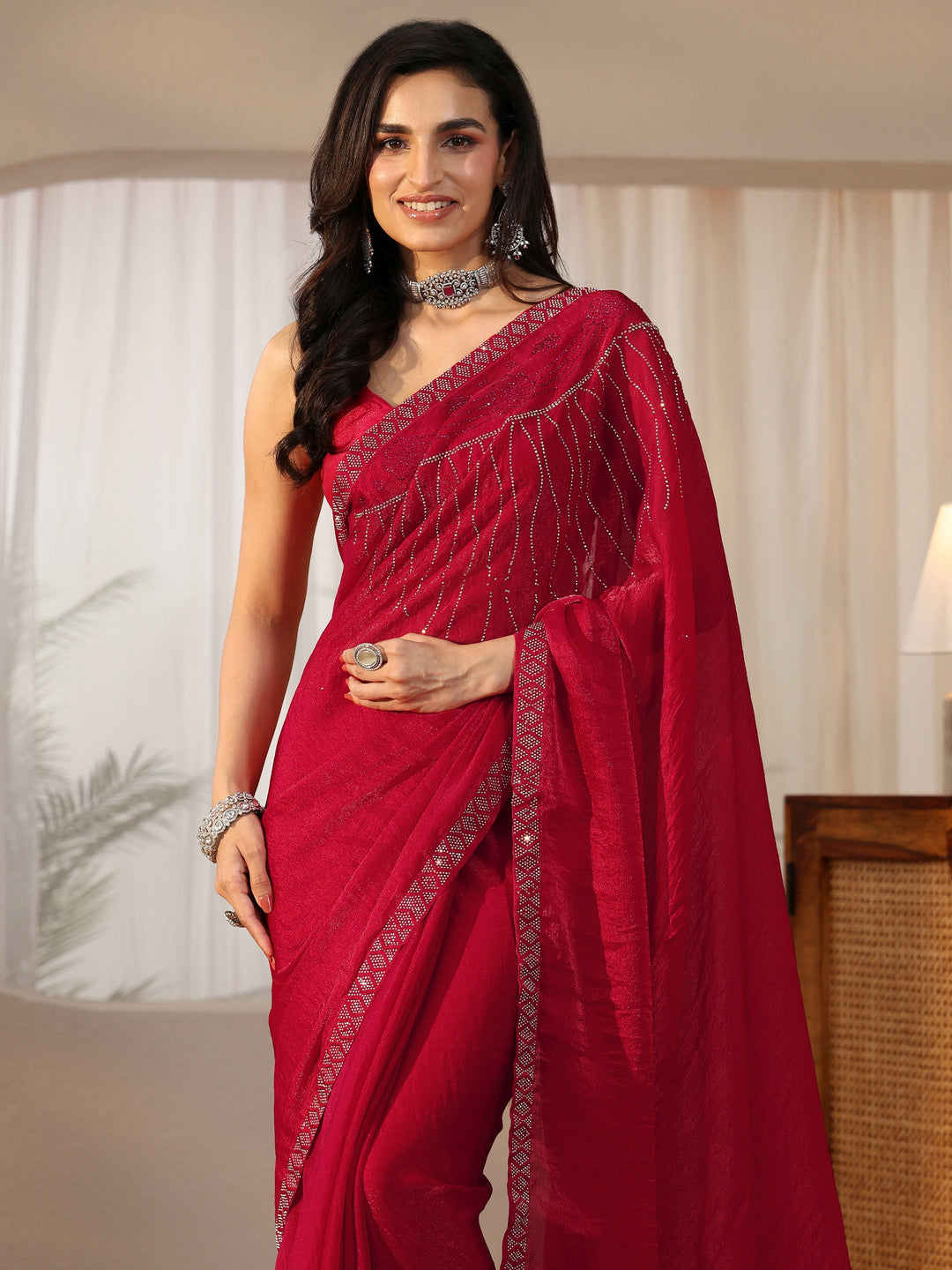  Libas Deep Magenta Pink Embellished Tissue Saree 