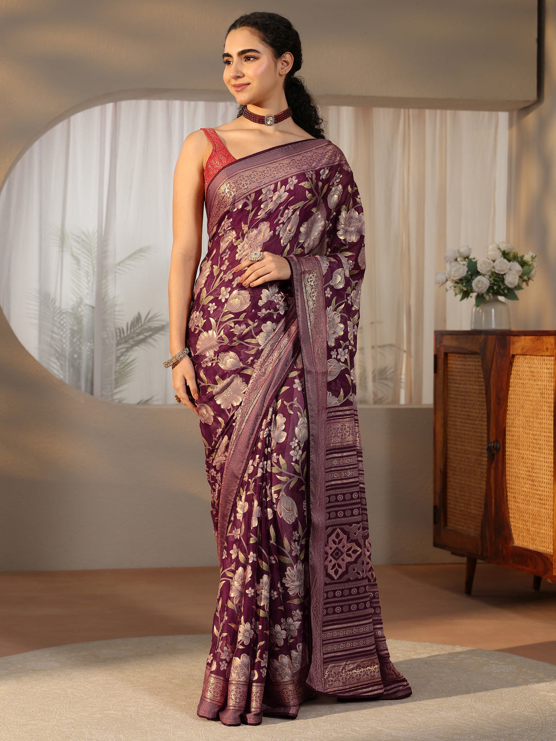  Libas Burgundy Floral Printed Silk Blend Saree with Woven Border 
