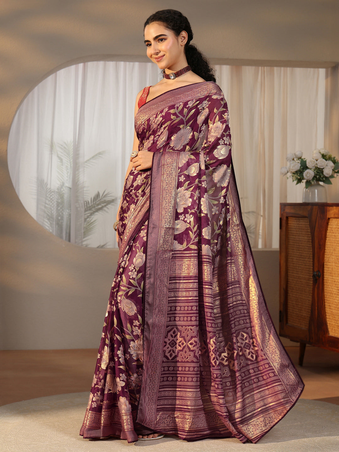  Libas Burgundy Floral Printed Silk Blend Saree with Woven Border 
