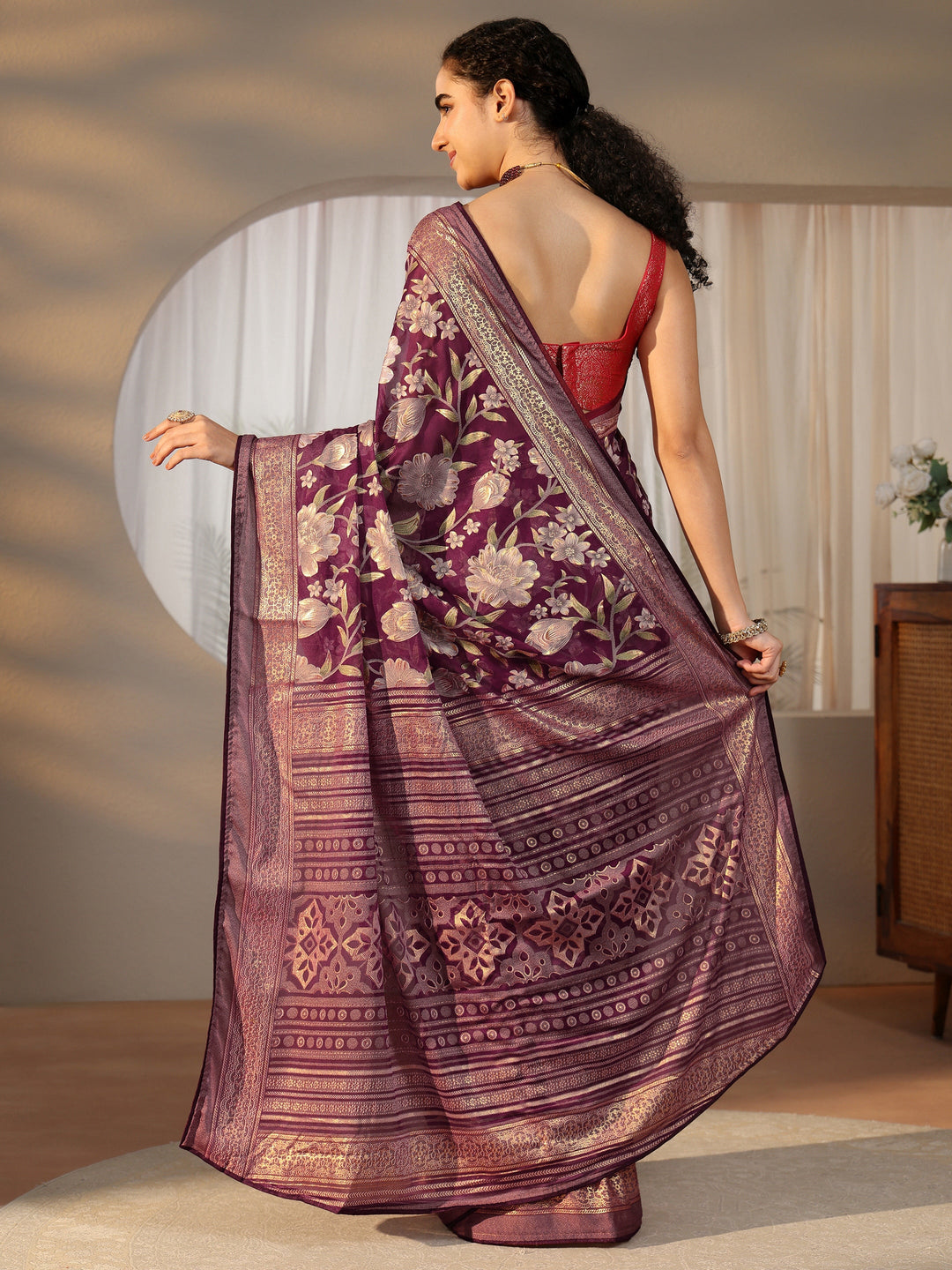  Libas Burgundy Floral Printed Silk Blend Saree with Woven Border 