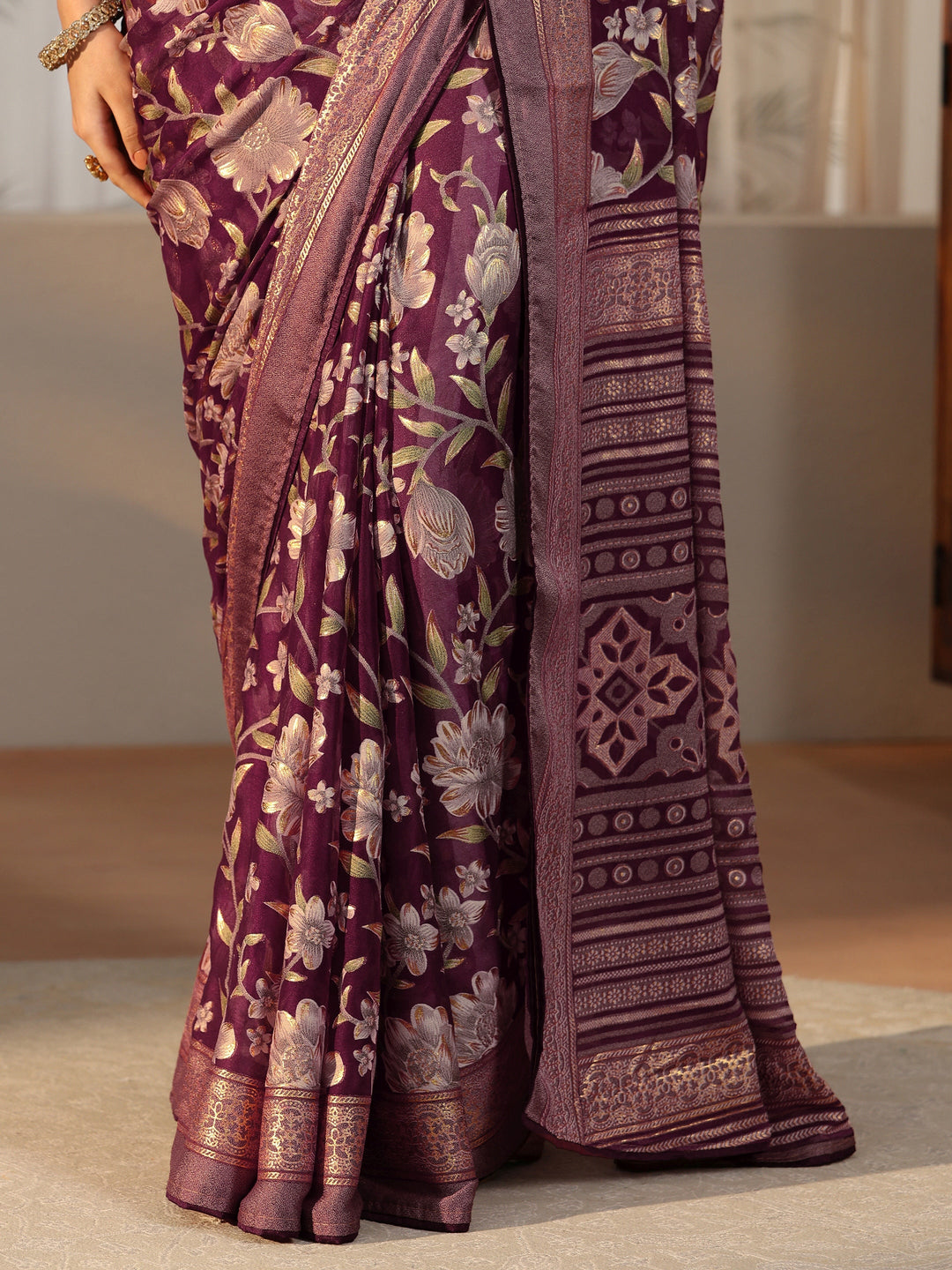  Libas Burgundy Floral Printed Silk Blend Saree with Woven Border 