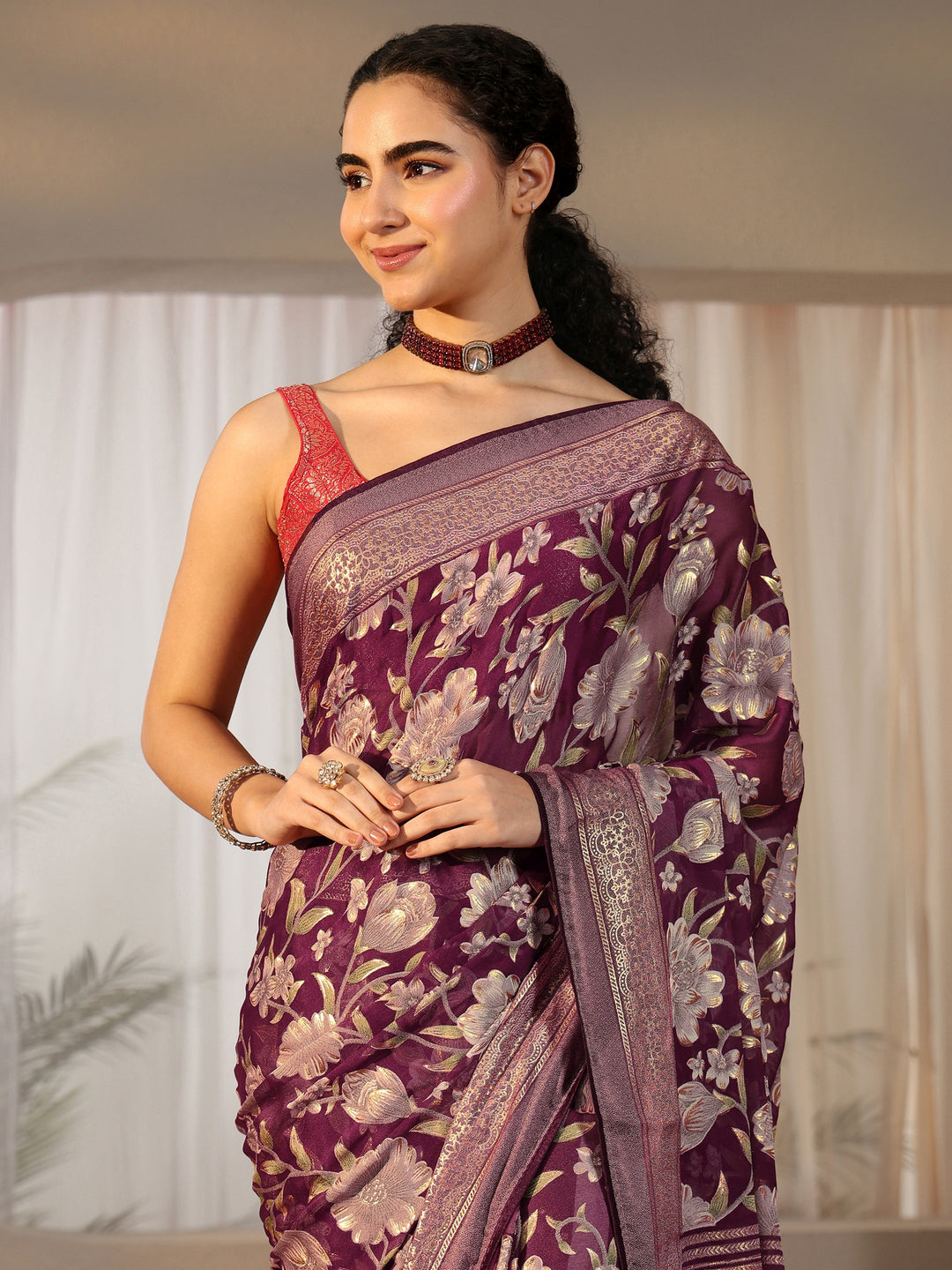  Libas Burgundy Floral Printed Silk Blend Saree with Woven Border 