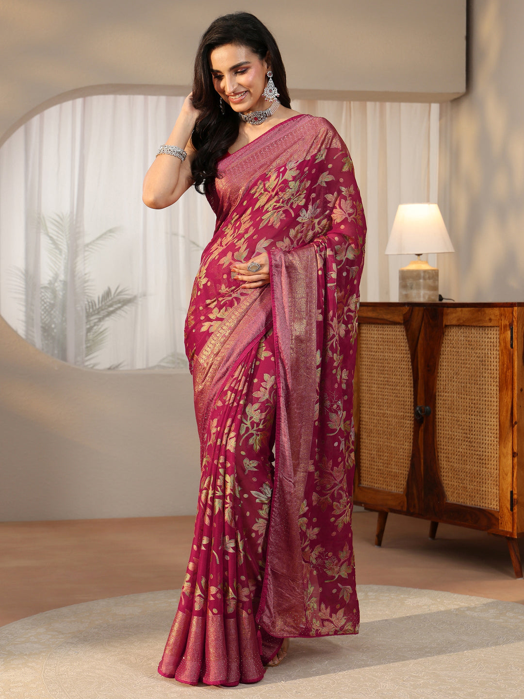  Libas Crimson Red Floral Printed Silk Blend Saree with Woven Border 