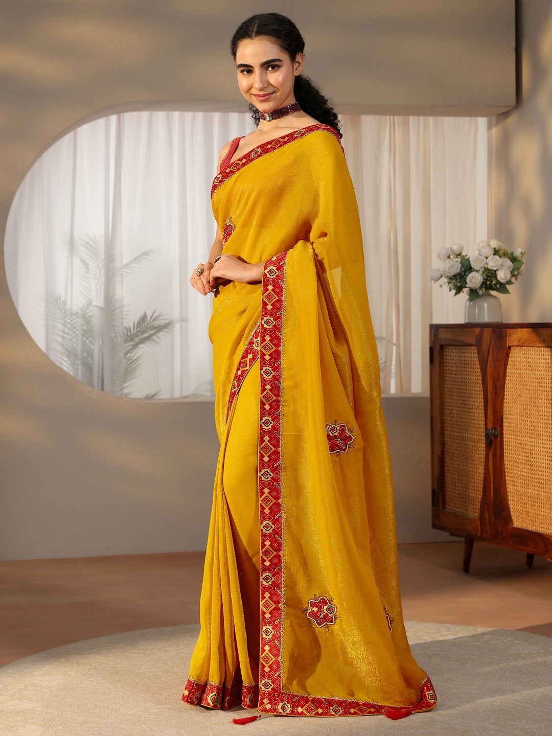  Libas Mustard Tissue Saree with Patola Border 