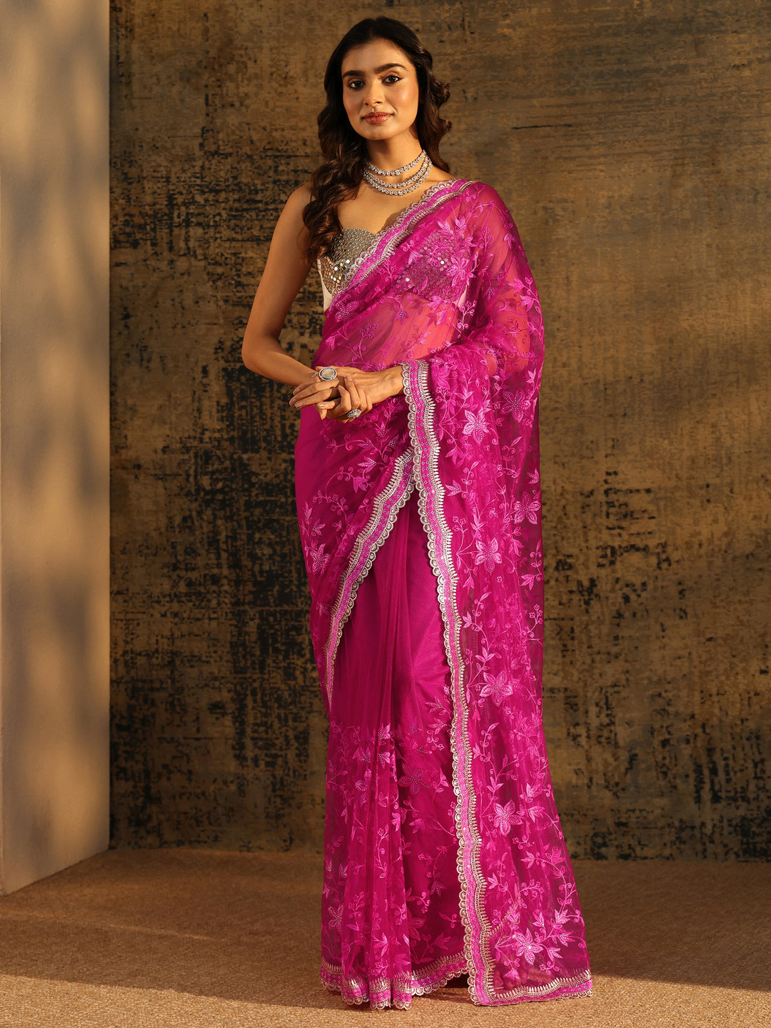  Libas Rani Pink Floral Embroidered Net Saree 