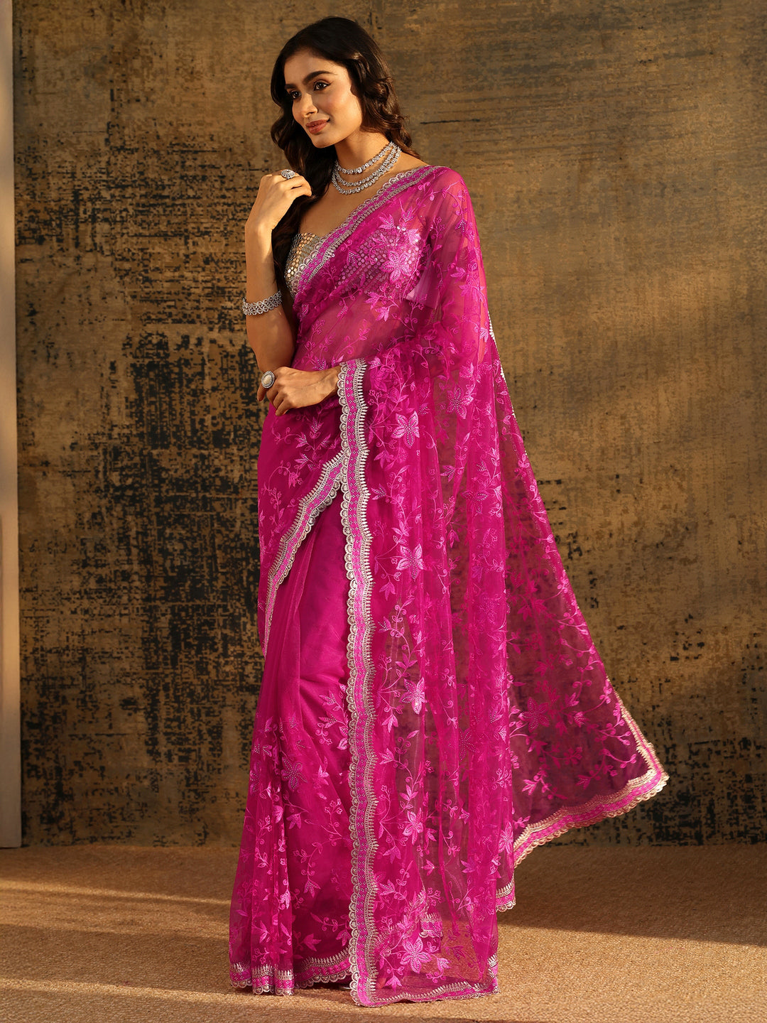  Libas Rani Pink Floral Embroidered Net Saree 