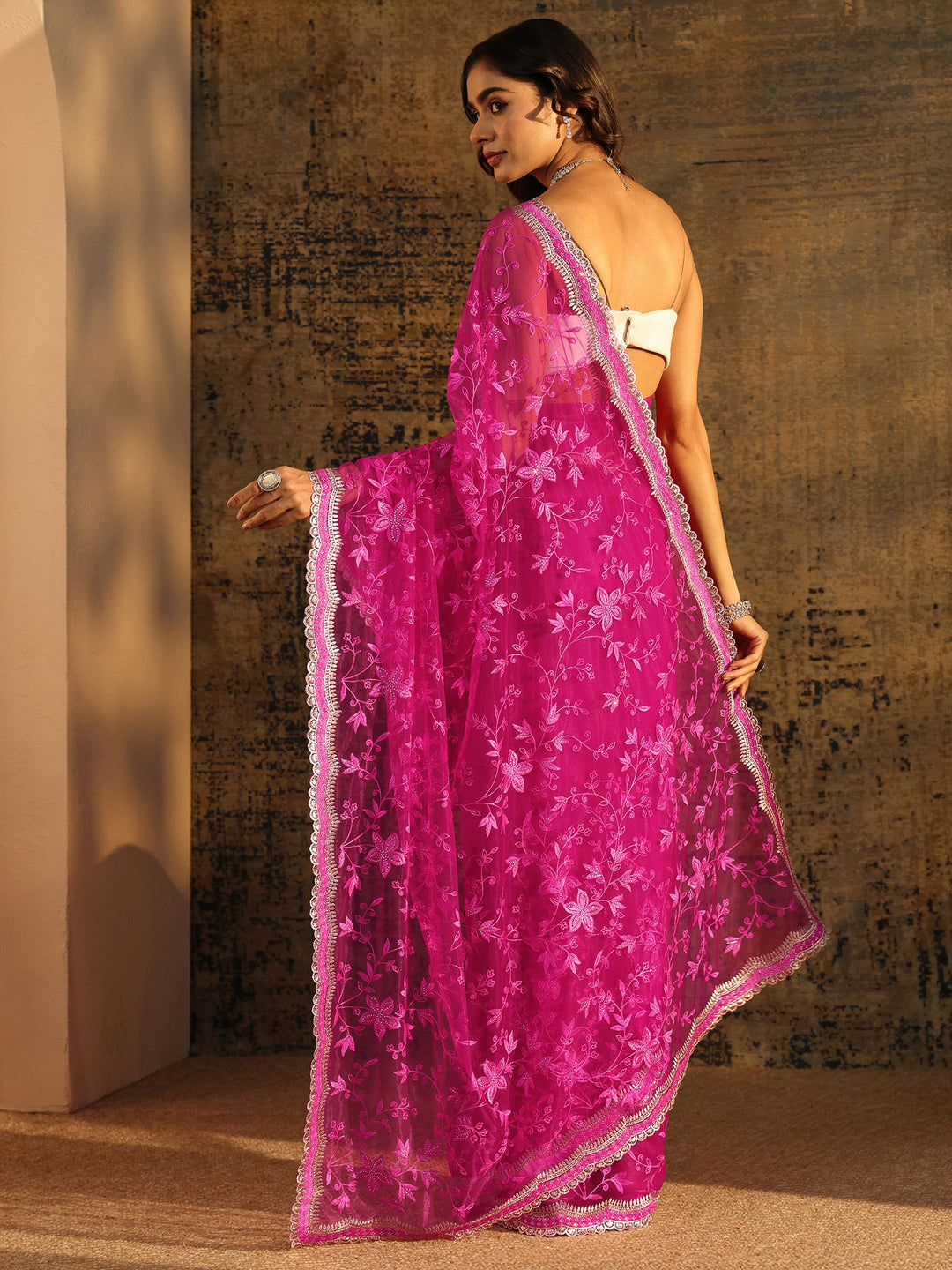  Libas Rani Pink Floral Embroidered Net Saree 