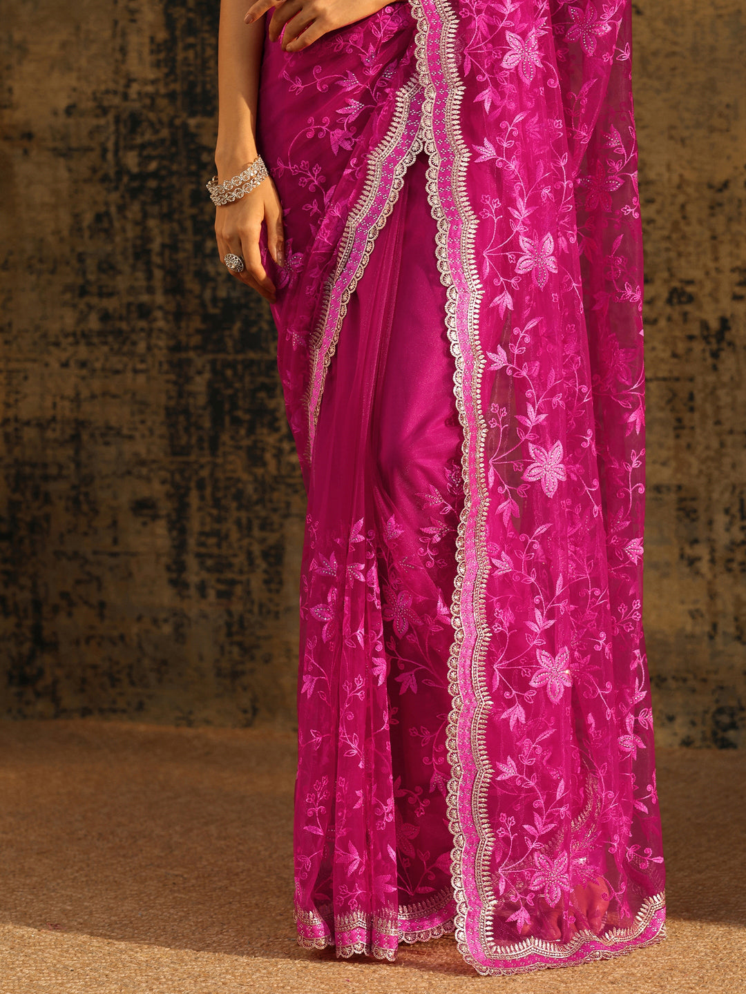  Libas Rani Pink Floral Embroidered Net Saree 