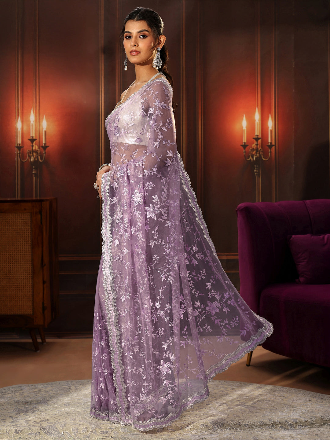  Libas Lavender Floral Embroidered Net Saree 