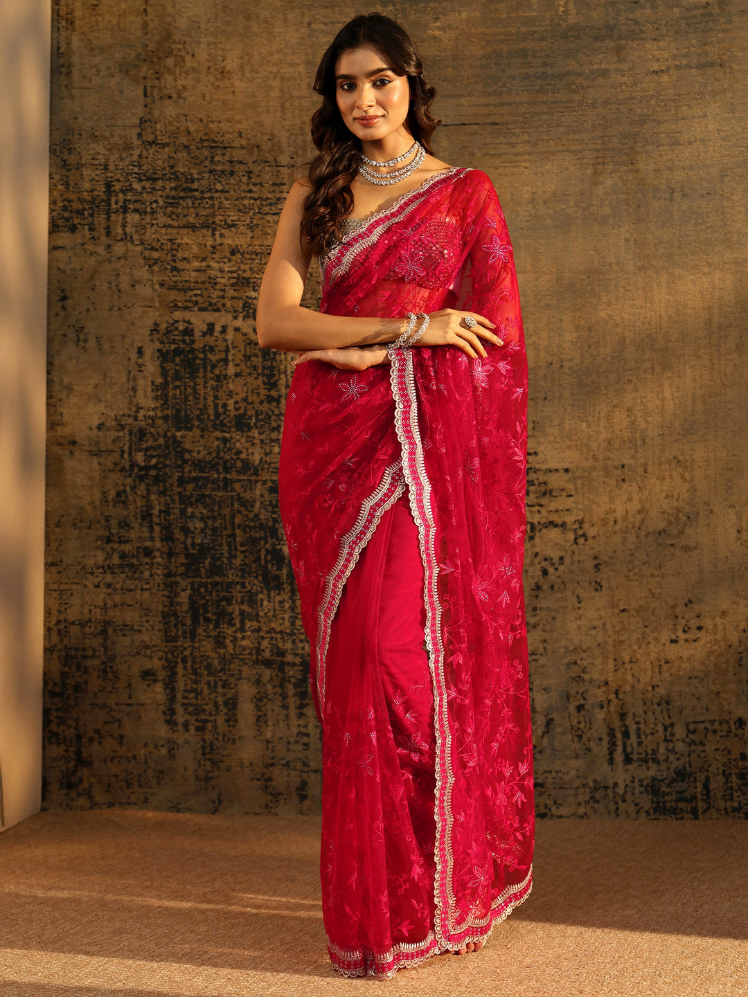  Libas Vermilion Red Floral Embroidered Net Saree 