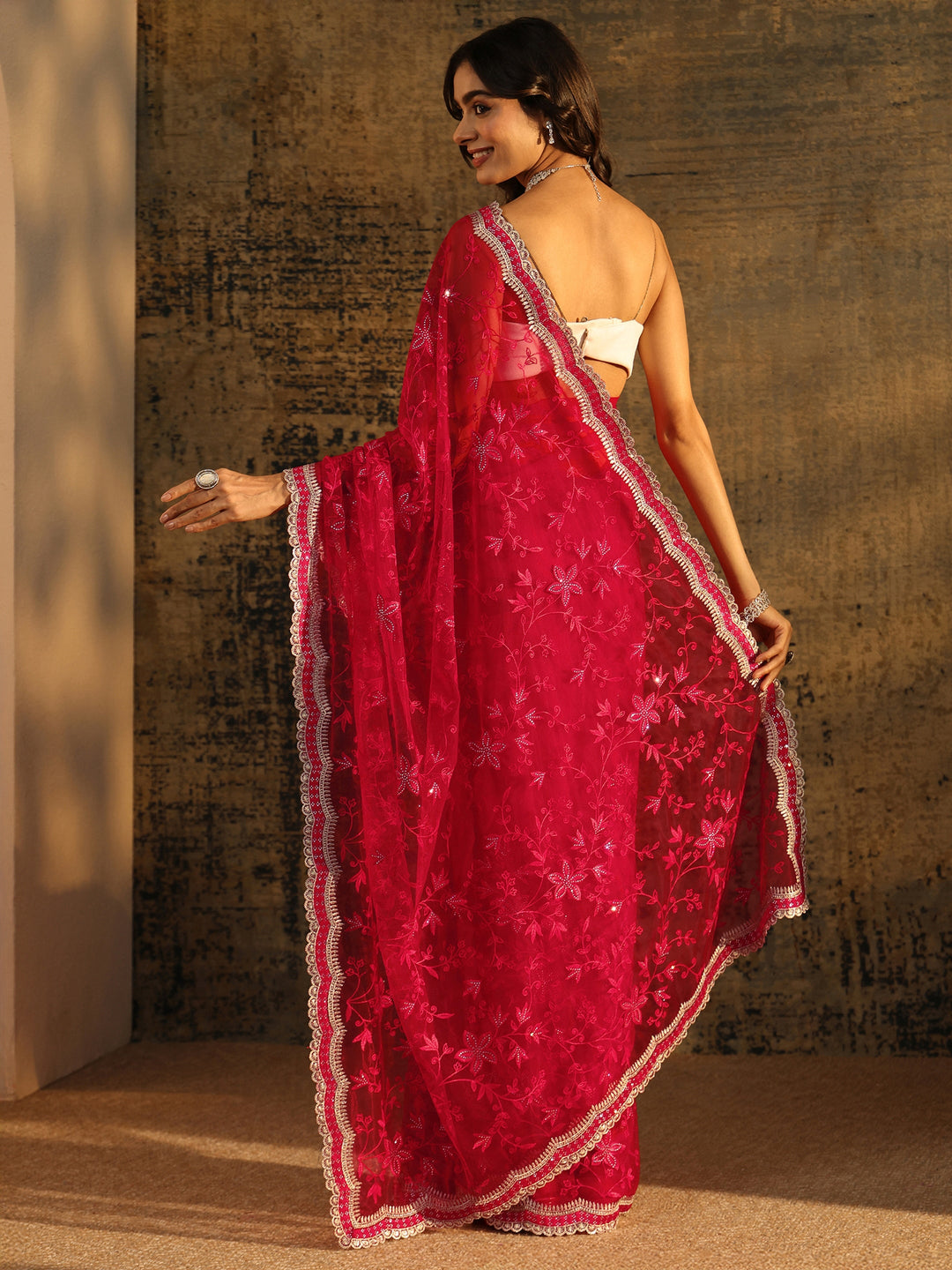  Libas Vermilion Red Floral Embroidered Net Saree 