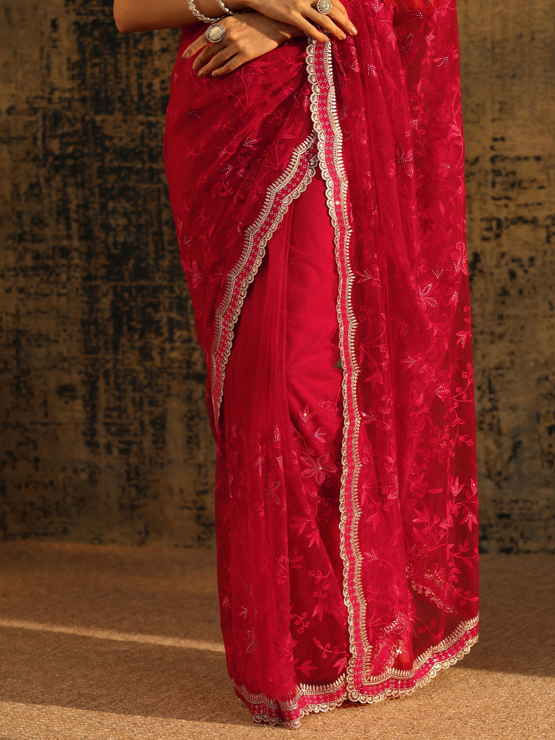  Libas Vermilion Red Floral Embroidered Net Saree 