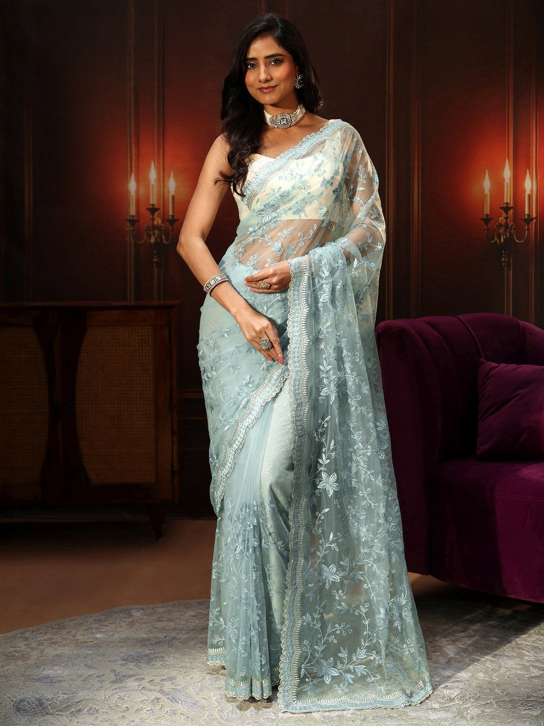  Libas Periwinkle Blue Floral Embroidered Net Saree 
