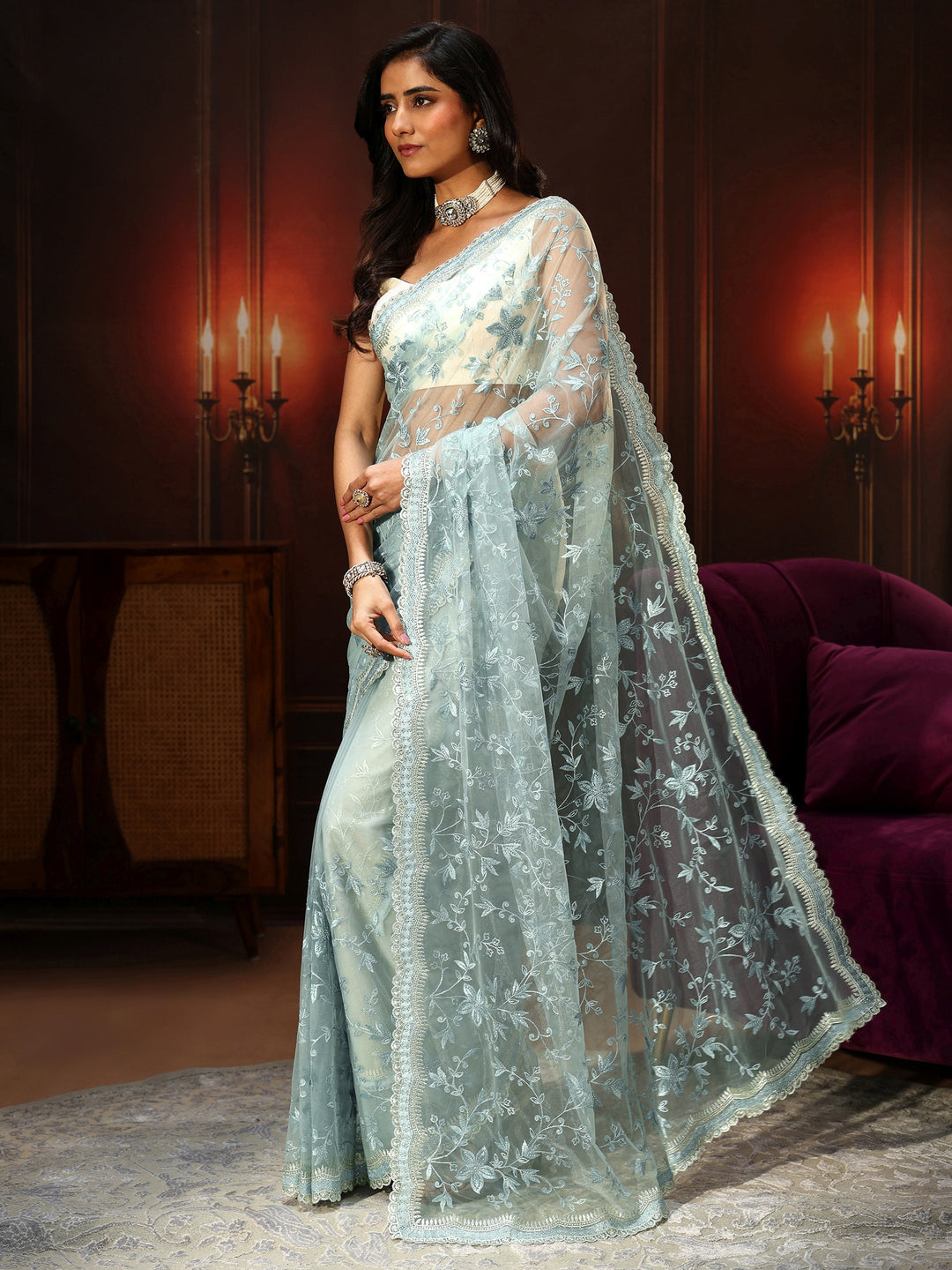  Libas Periwinkle Blue Floral Embroidered Net Saree 