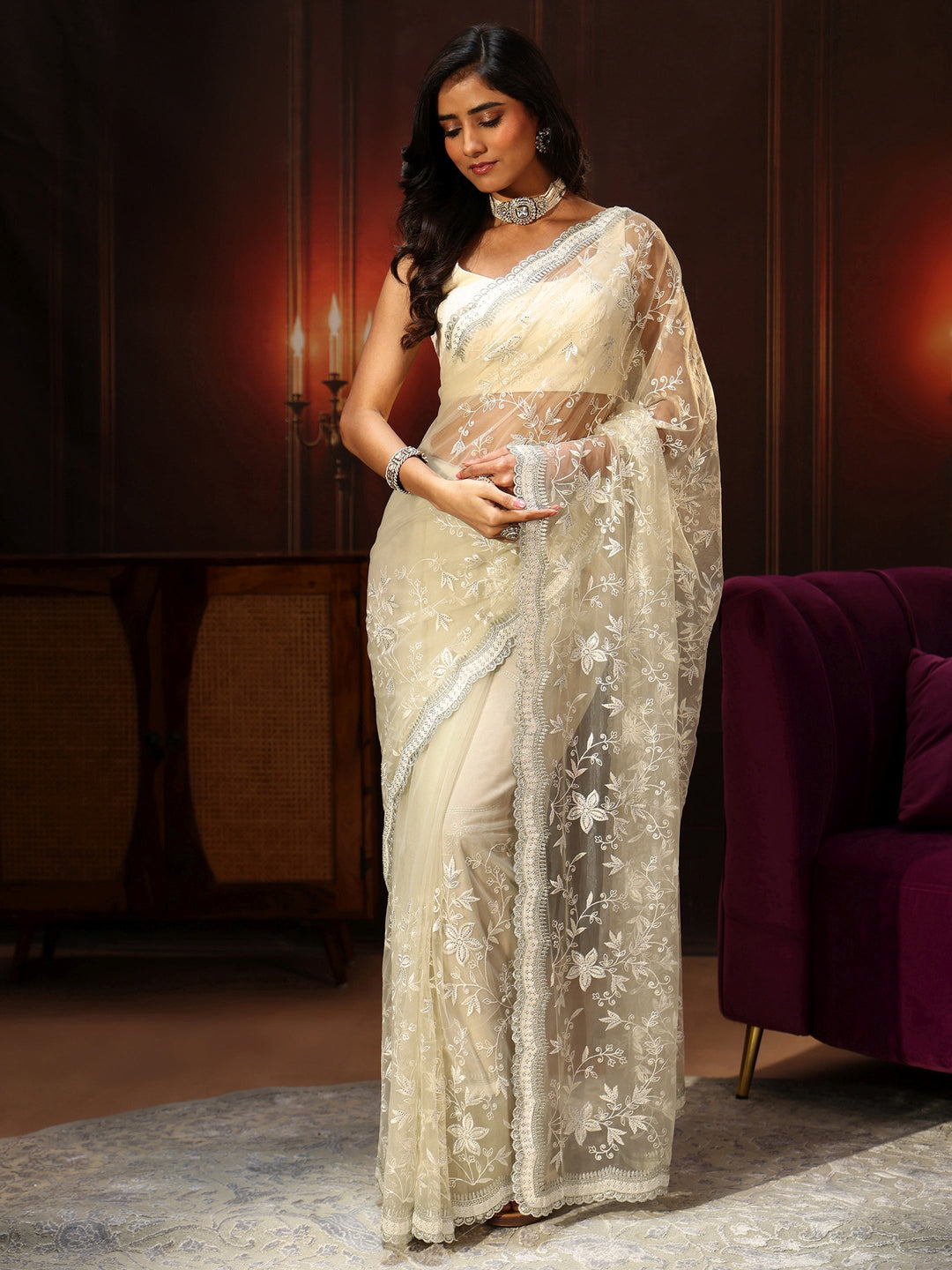  Libas Cream Floral Embroidered Net Saree 