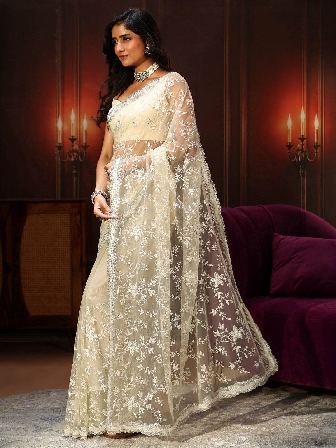  Libas Cream Floral Embroidered Net Saree 