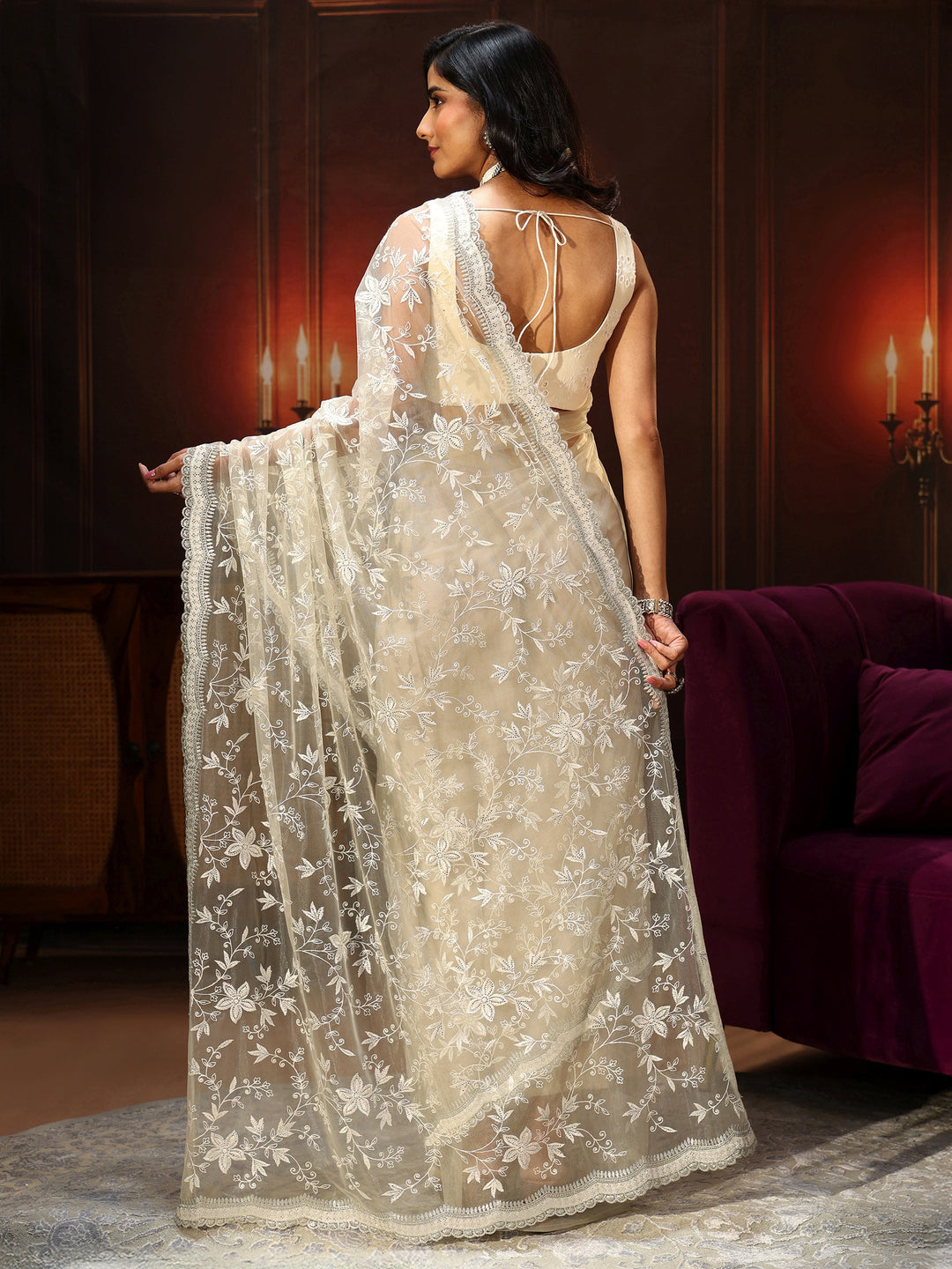  Libas Cream Floral Embroidered Net Saree 