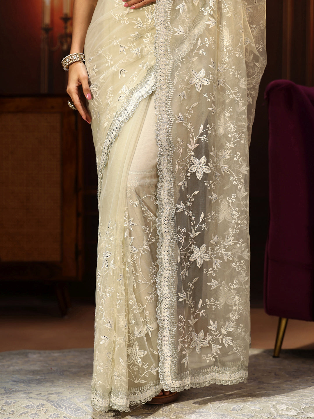  Libas Cream Floral Embroidered Net Saree 