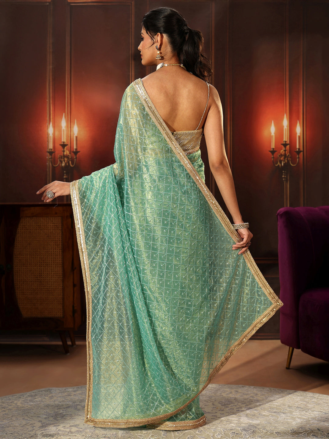  Libas Sea Blue Embellished Jaal Work Net Saree 