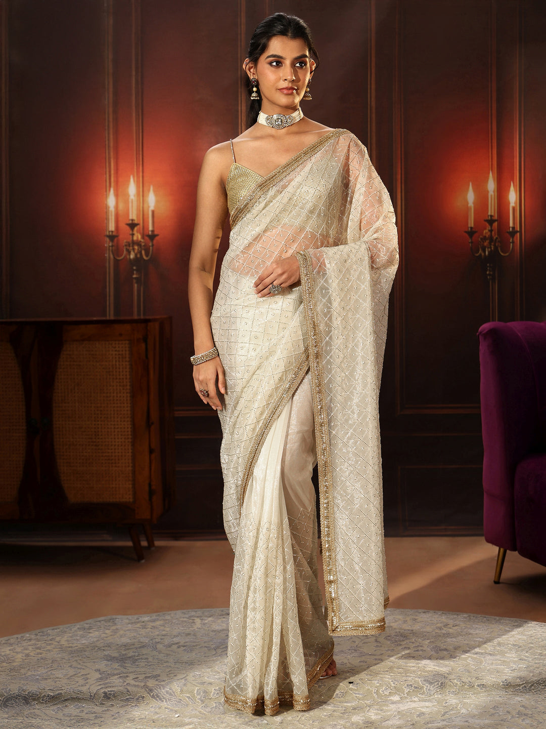  Libas Cream Embellished Jaal Work Net Saree 