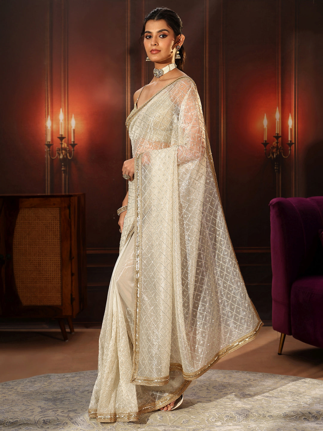  Libas Cream Embellished Jaal Work Net Saree 