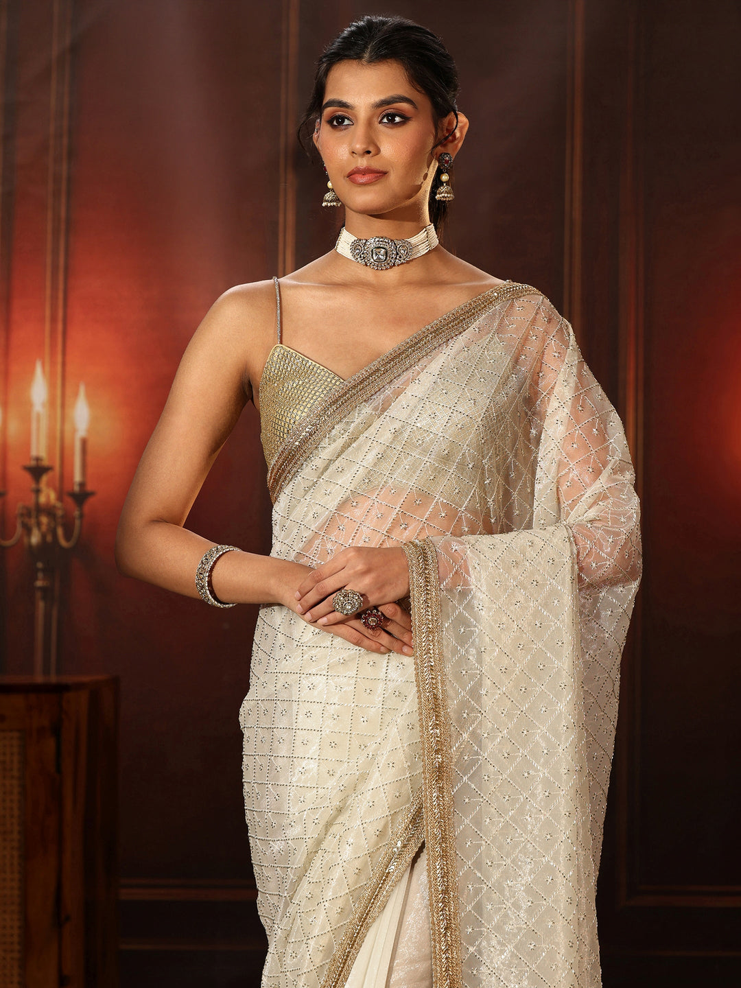  Libas Cream Embellished Jaal Work Net Saree 