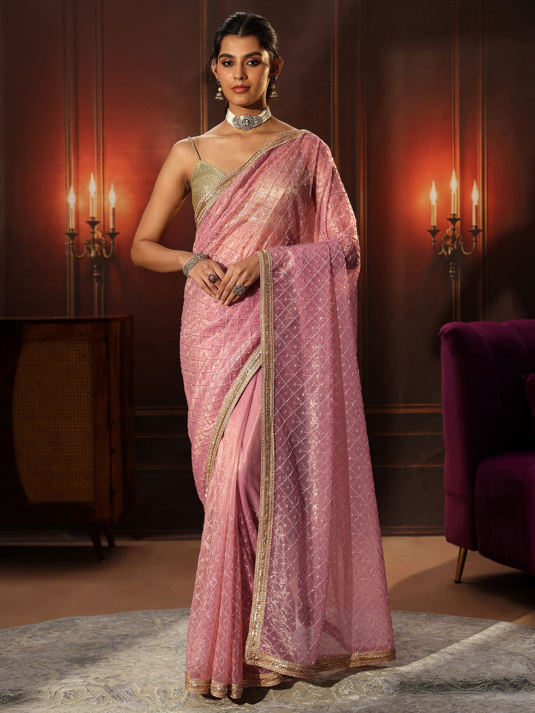  Libas Baby Pink Embellished Jaal Work Net Saree 