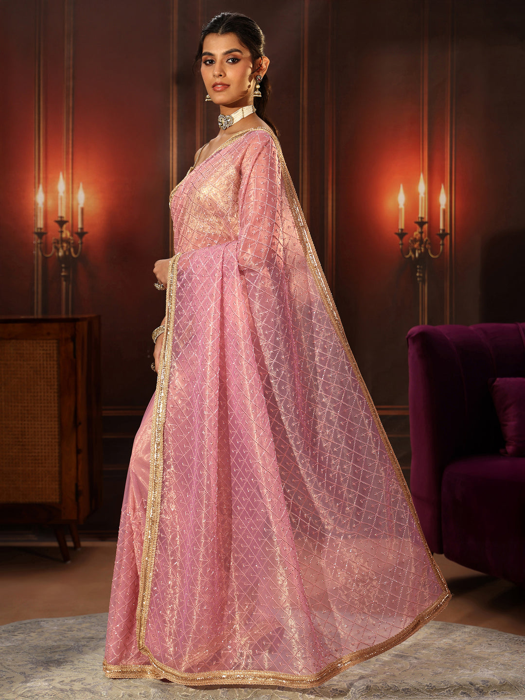  Libas Baby Pink Embellished Jaal Work Net Saree 