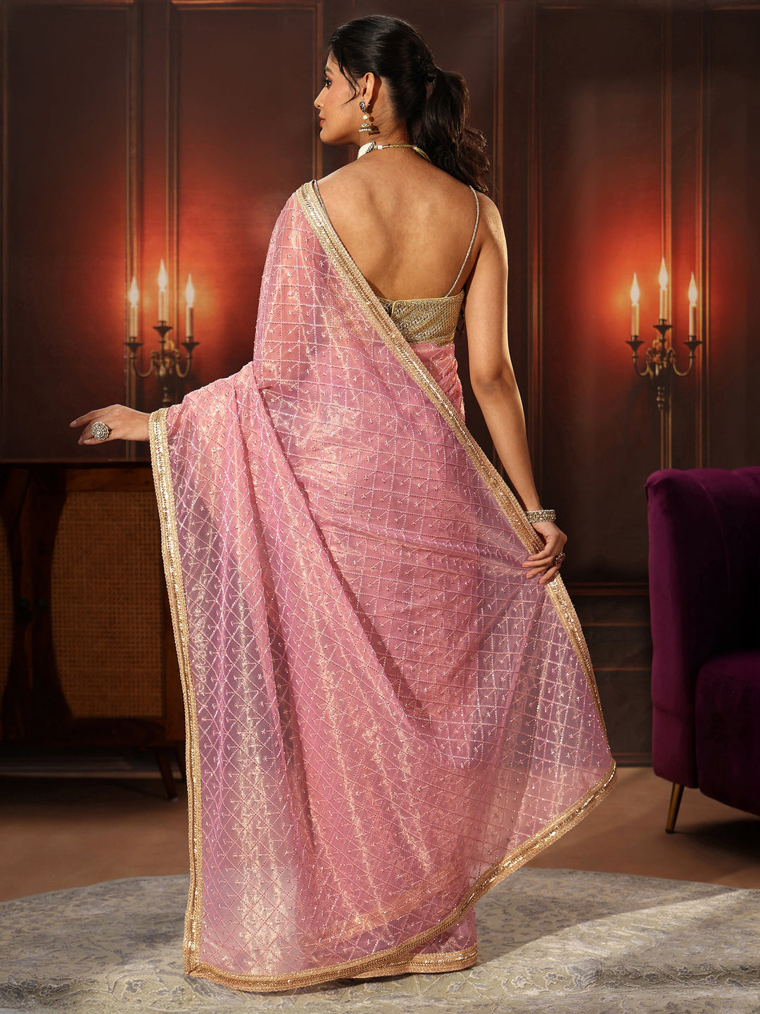  Libas Baby Pink Embellished Jaal Work Net Saree 