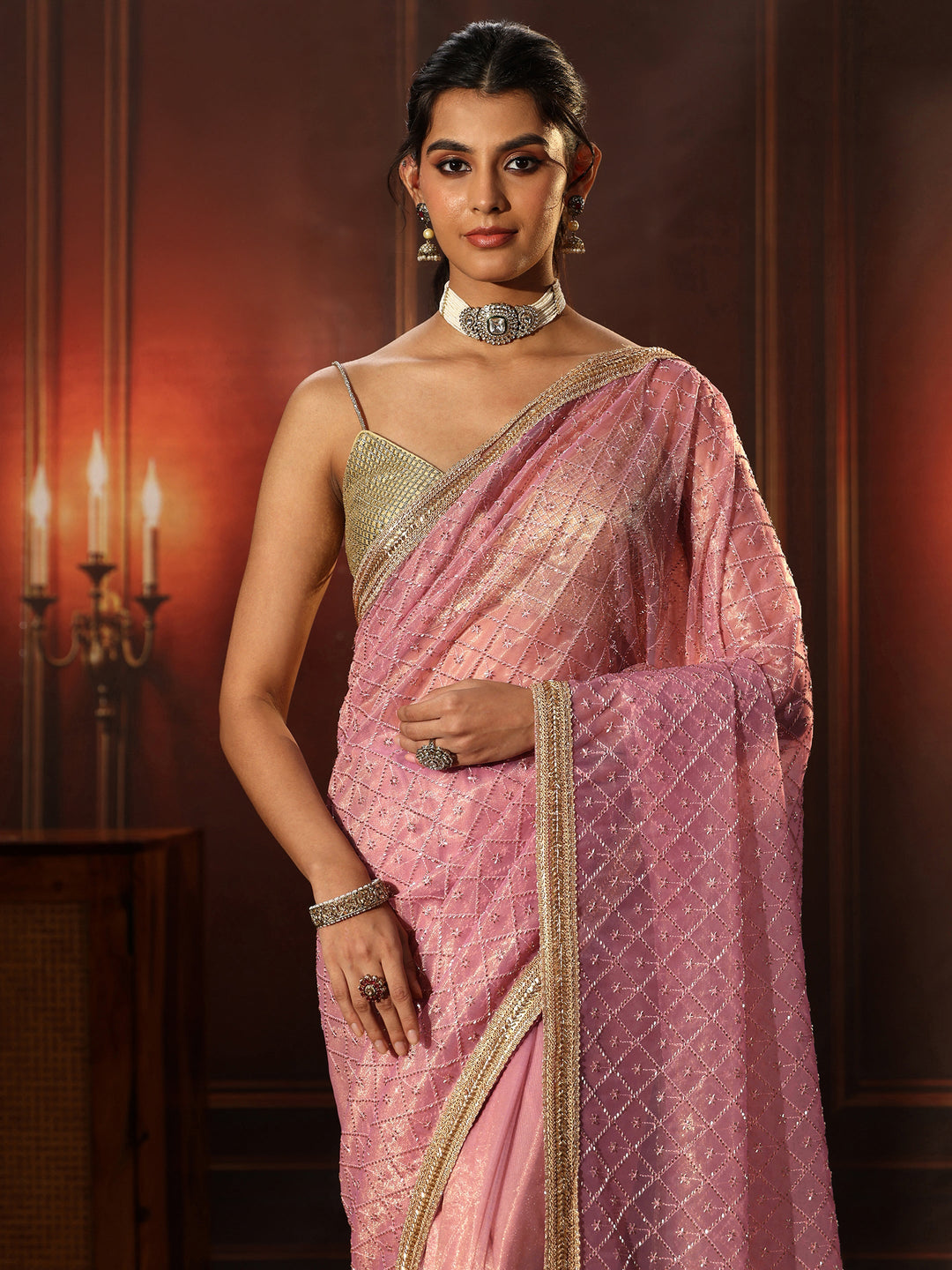  Libas Baby Pink Embellished Jaal Work Net Saree 