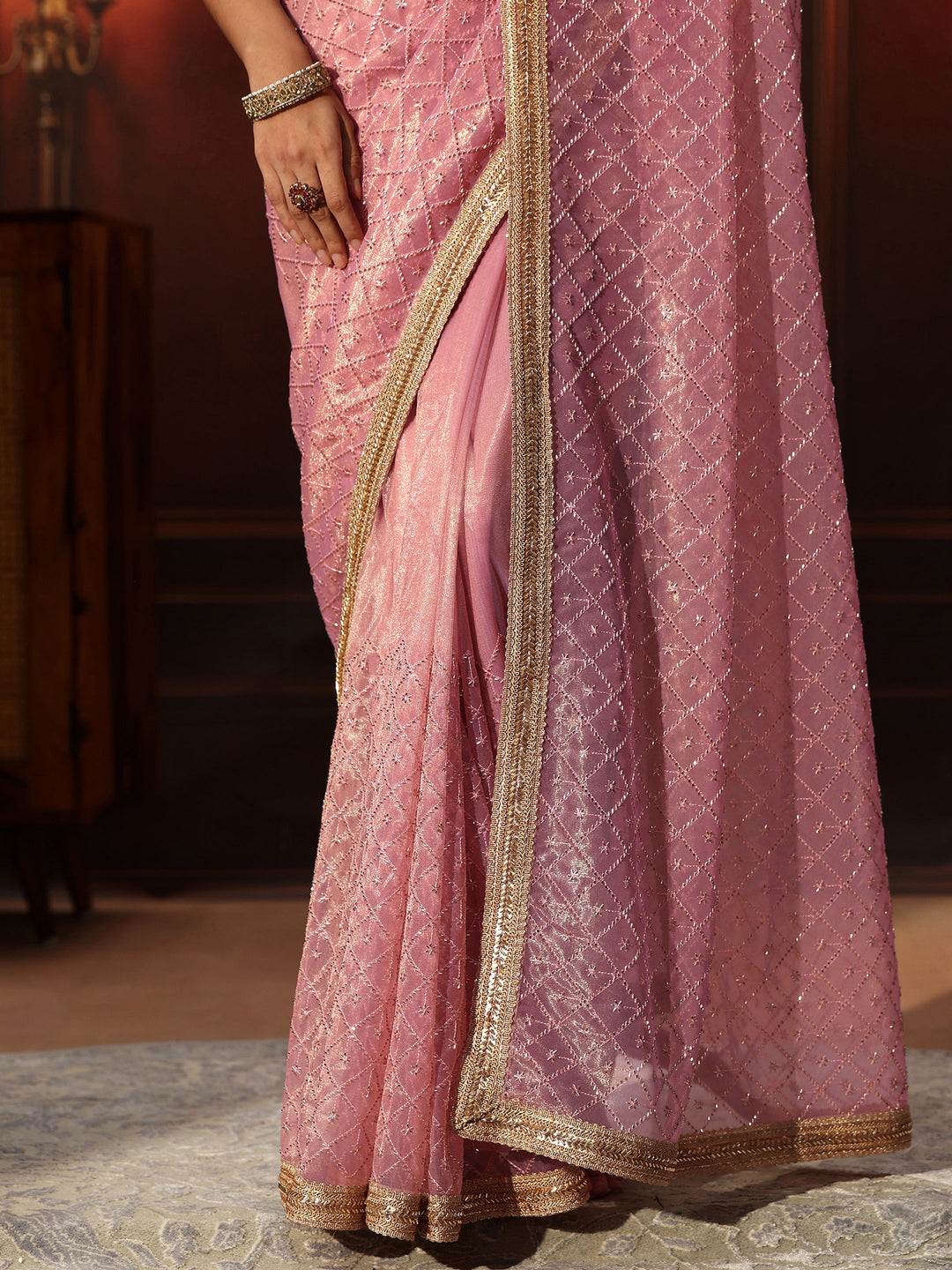  Libas Baby Pink Embellished Jaal Work Net Saree 