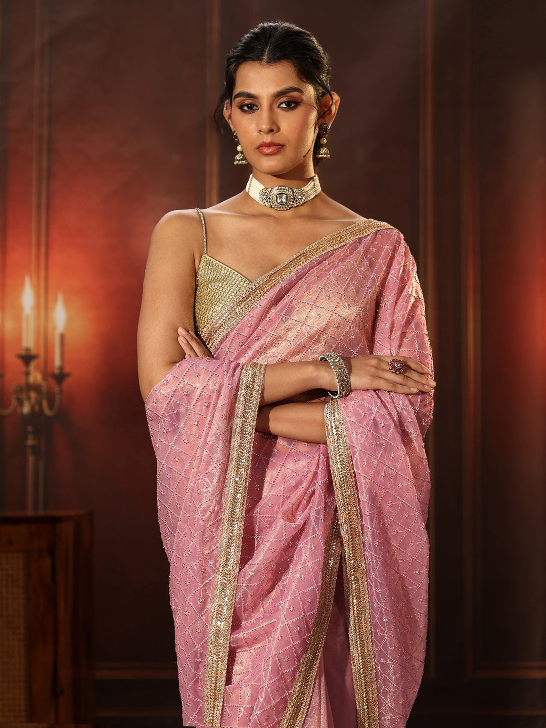  Libas Baby Pink Embellished Jaal Work Net Saree 
