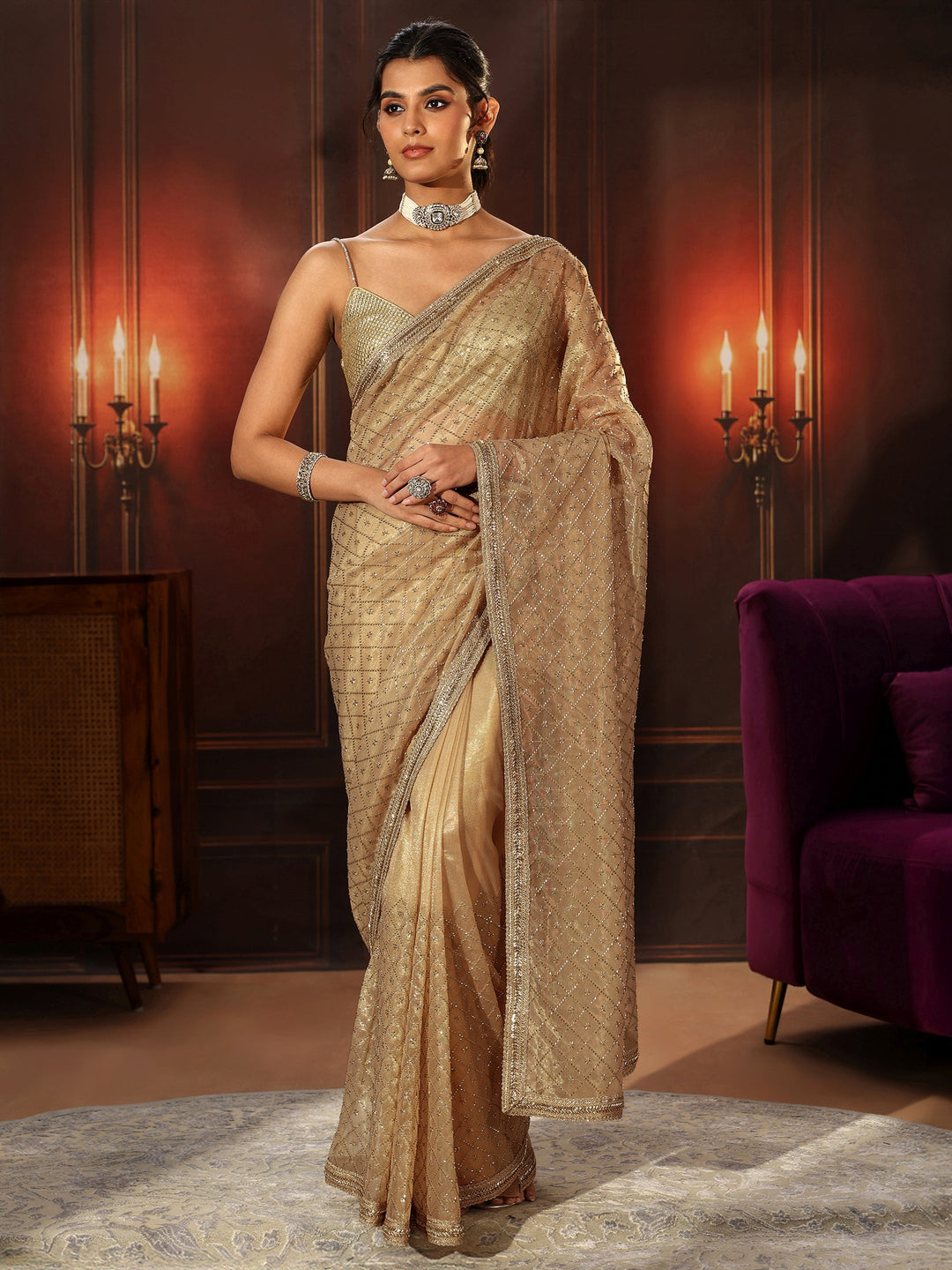  Libas Beige Embellished Jaal Work Net Saree 