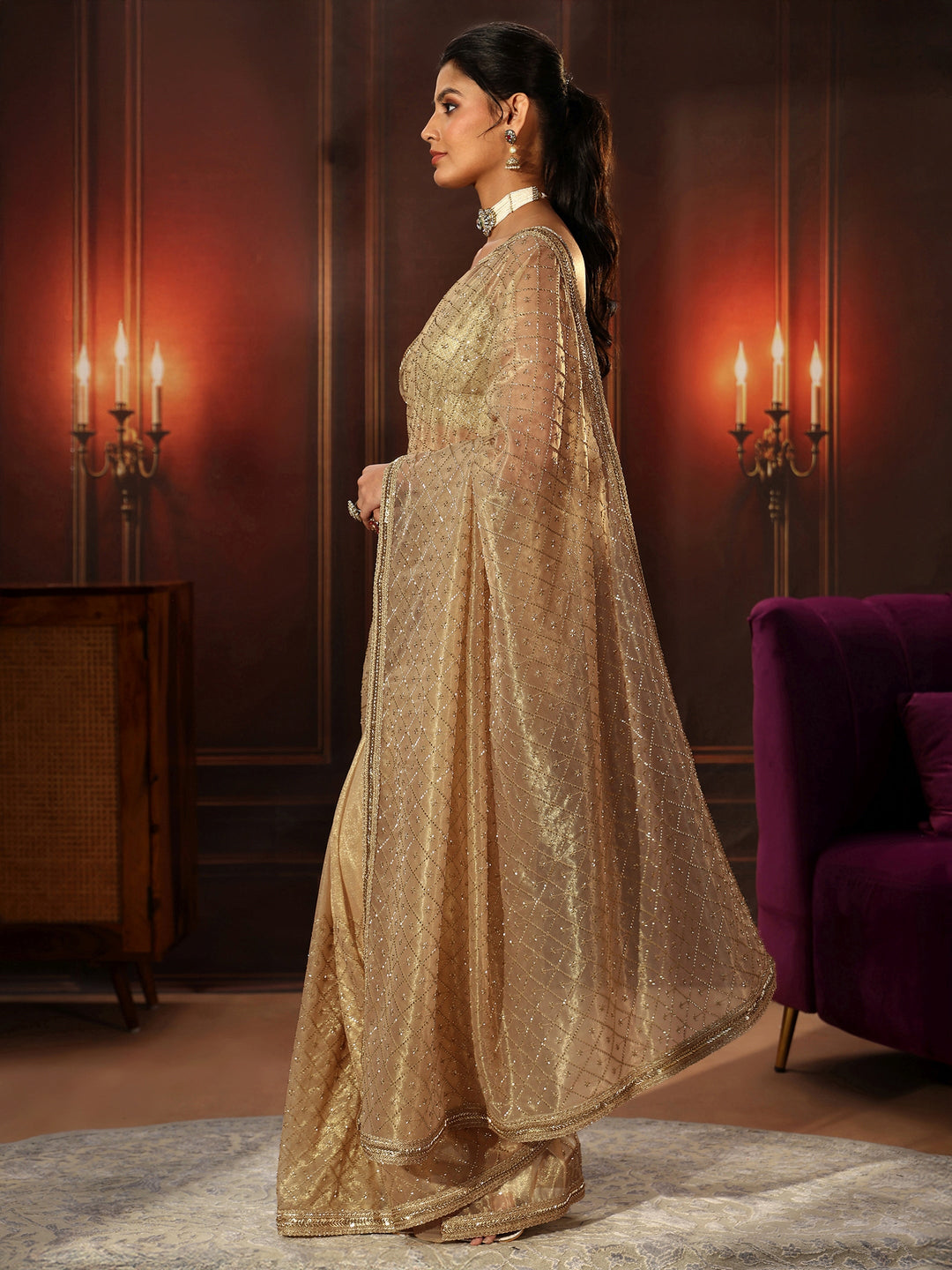  Libas Beige Embellished Jaal Work Net Saree 