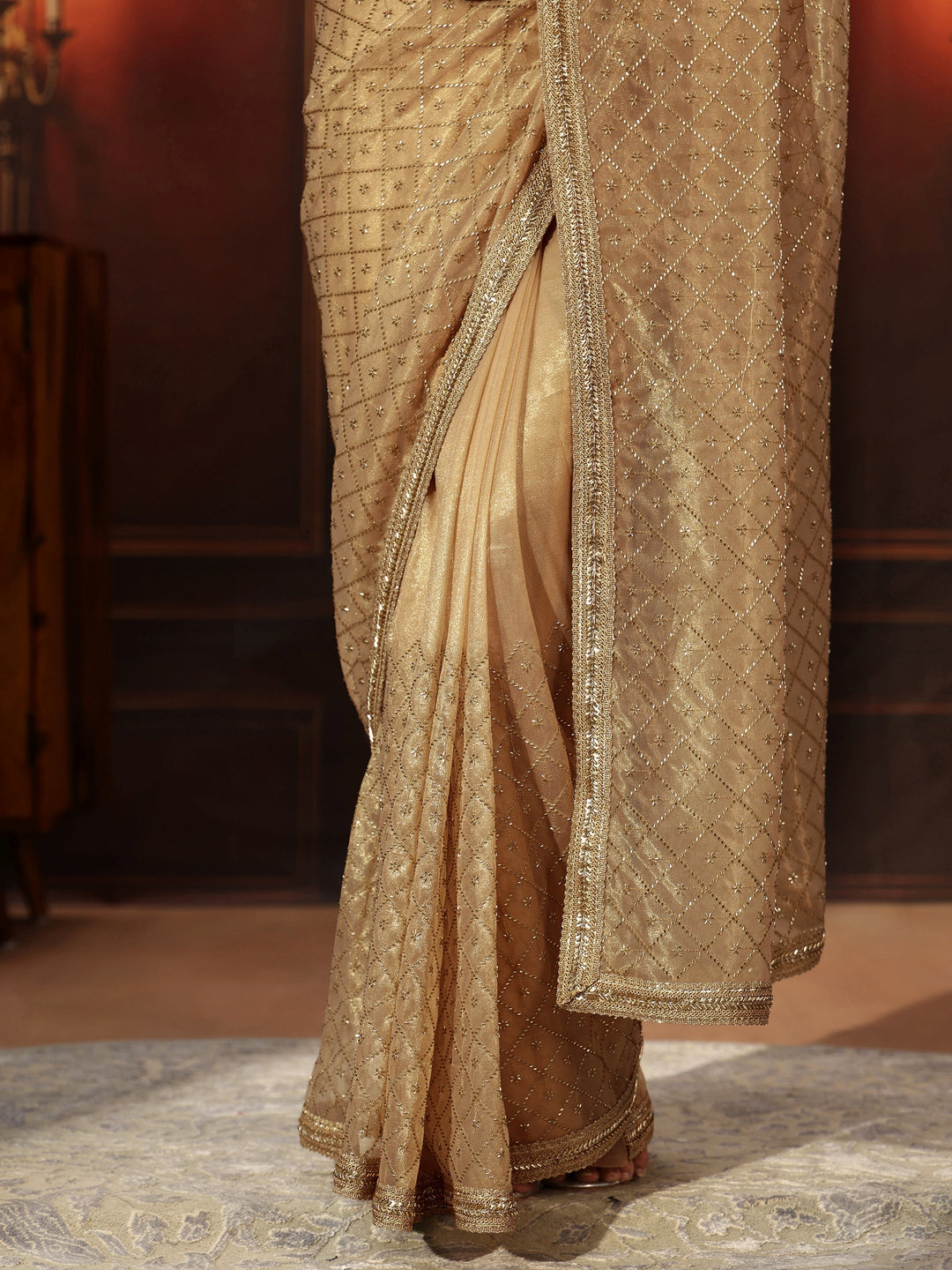  Libas Beige Embellished Jaal Work Net Saree 