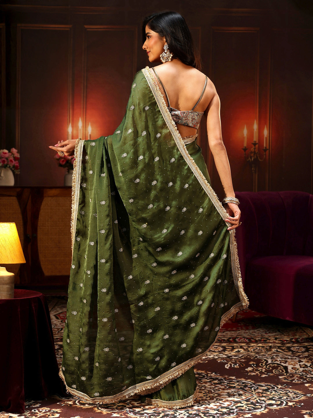  Libas Leaf Green Embellished Chinon Saree with Gota Border 