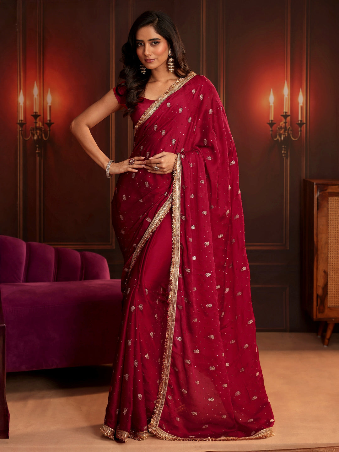  Libas Ruby Red Embellished Chinon Saree 