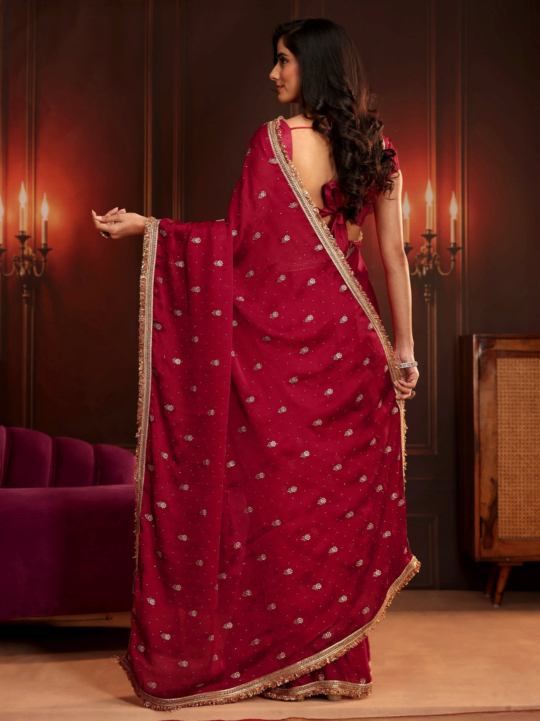  Libas Ruby Red Embellished Chinon Saree 