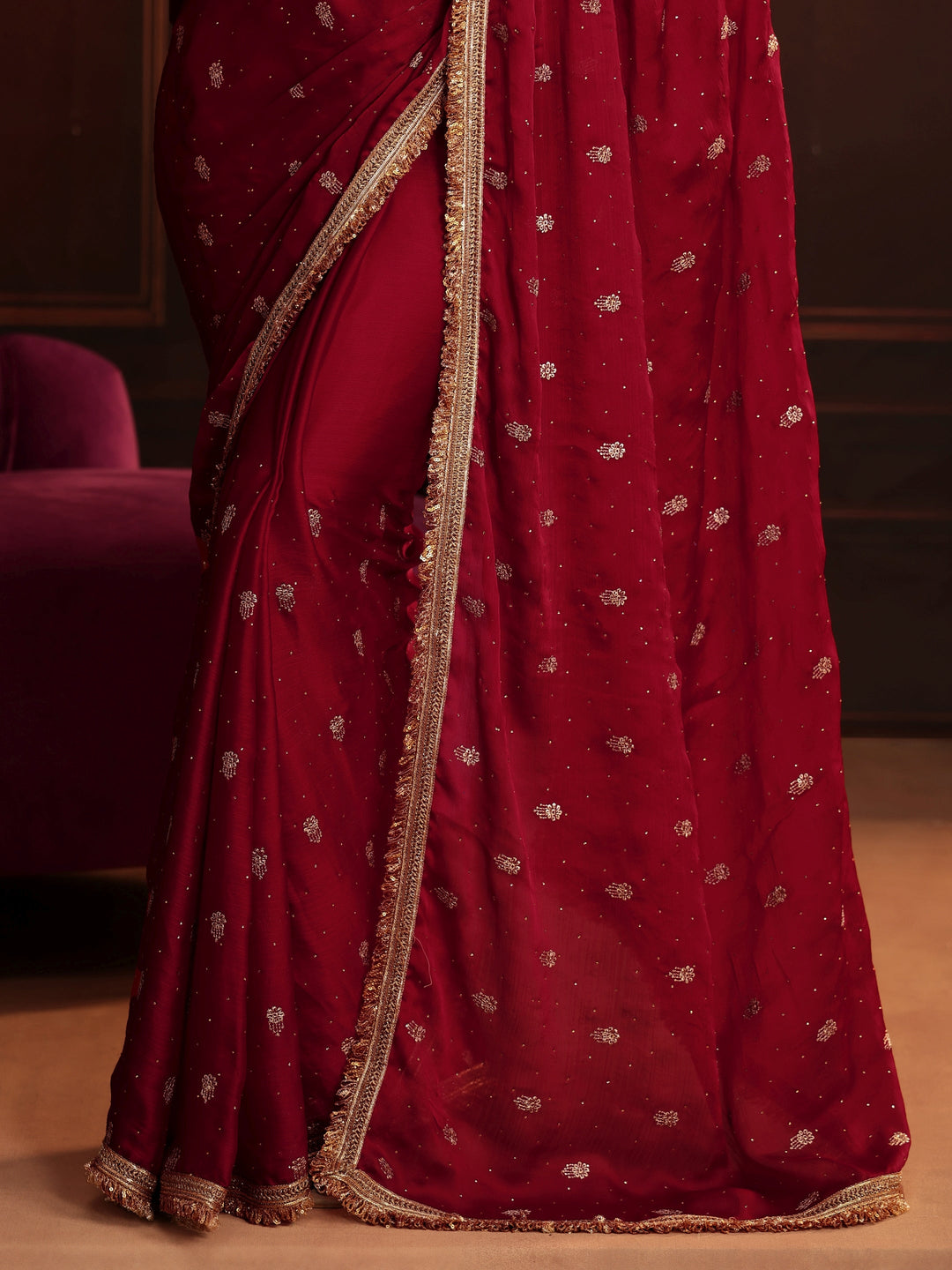  Libas Ruby Red Embellished Chinon Saree 