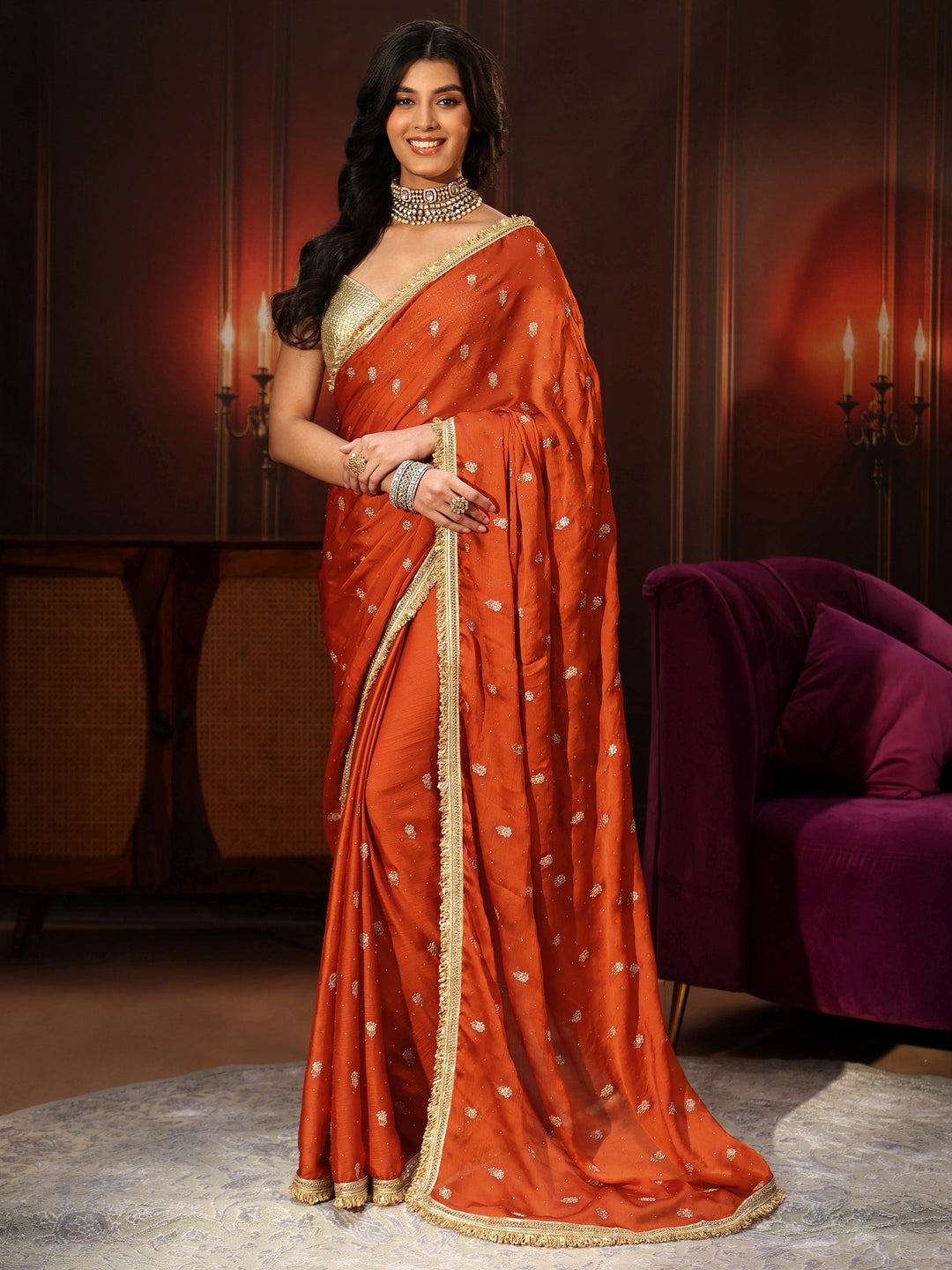  Libas Orange Embellished Chinon Saree with Gota Border 