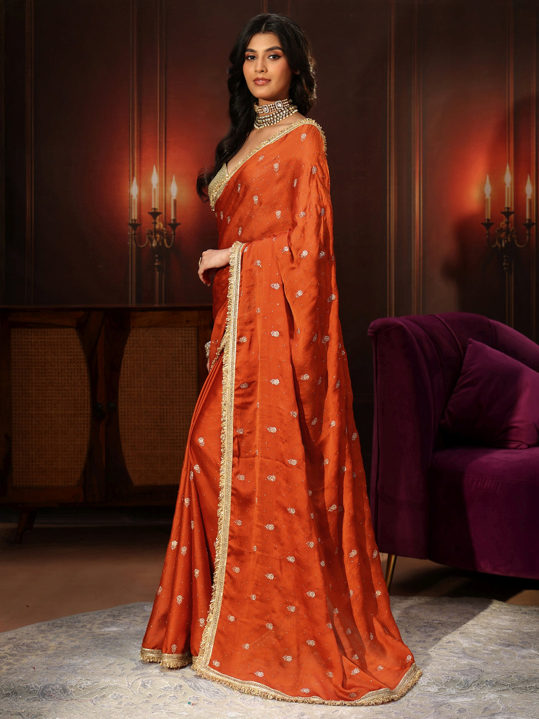  Libas Orange Embellished Chinon Saree with Gota Border 