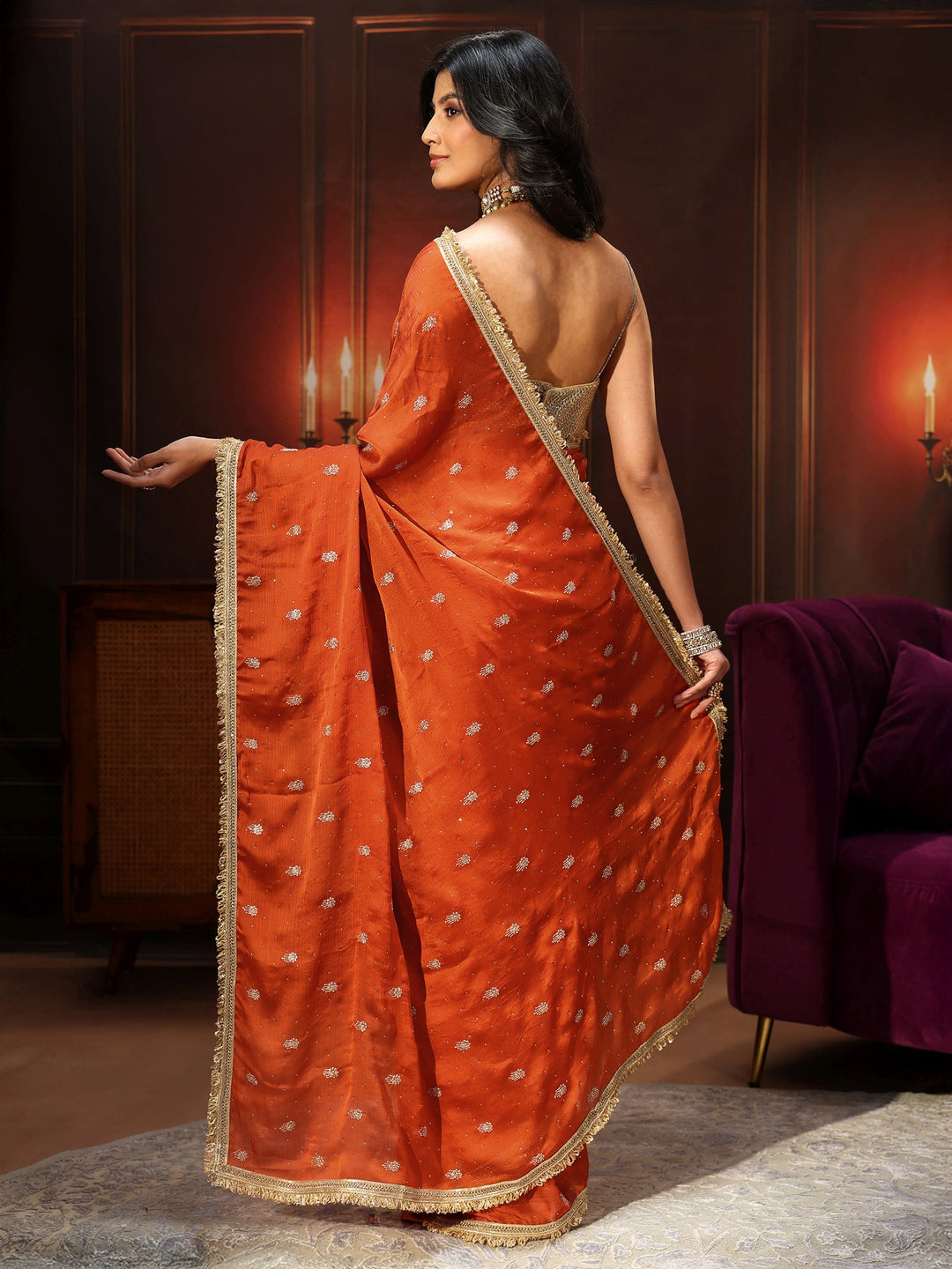  Libas Orange Embellished Chinon Saree with Gota Border 