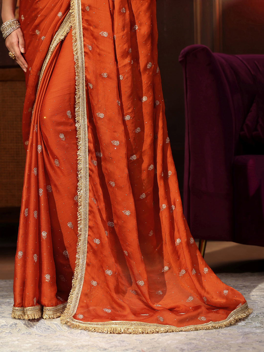  Libas Orange Embellished Chinon Saree with Gota Border 